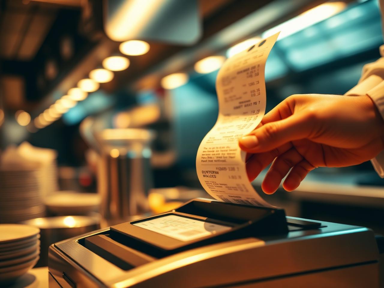 A kitchen ticket prints at the pass moments after payment