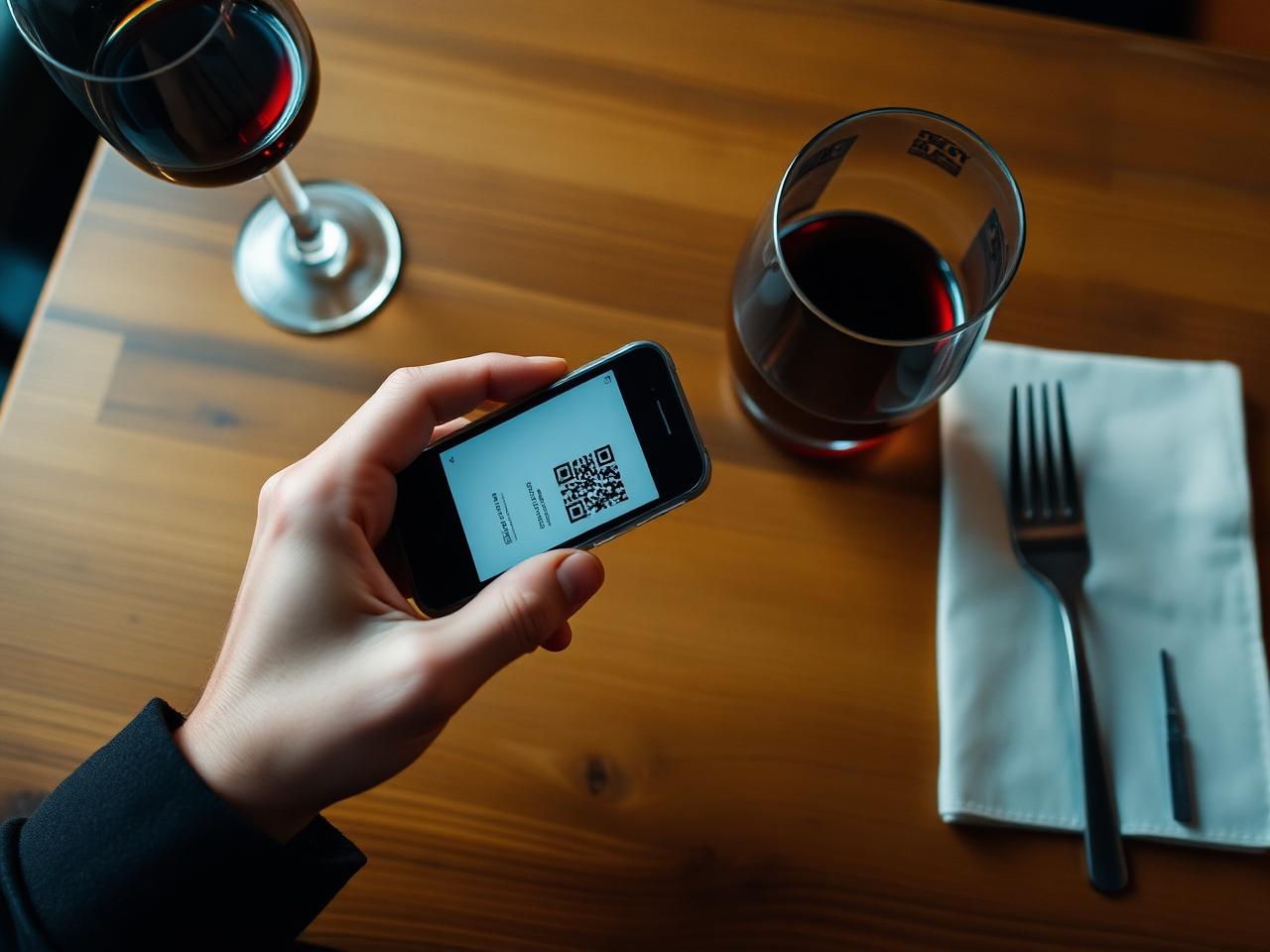 A guest scans a QR code at a candlelit restaurant table